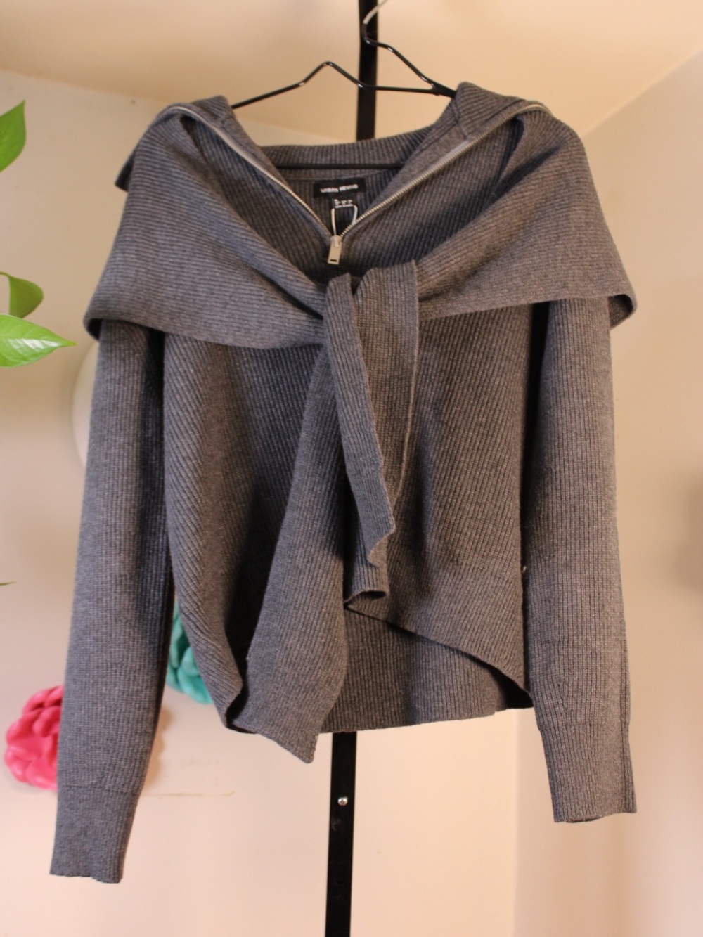 Urban Revivo Gray Ribbed Knit Off Shoulder Sweater Top Removable Hoodie US 6